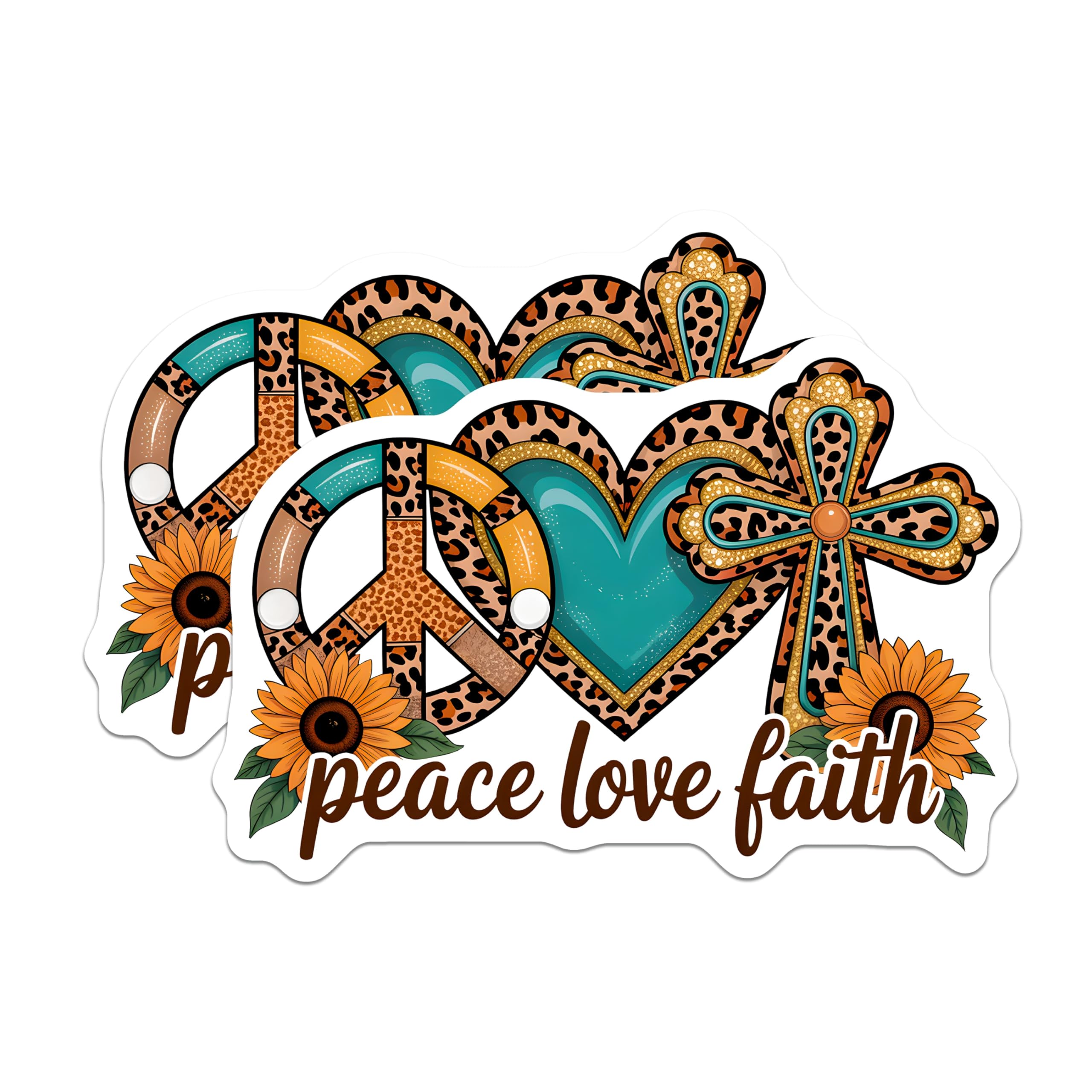 (2 Pack) Peace Love Faith Magnets - Cheetah Print Sunflower Teal Decor - Boho Western Country Spiritual Symbols - 5 Inches On Longest Side - Thick Durable Magnet - Made in USA - MAG19978