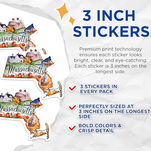 (3 Pack) Massachusetts Decals - Watercolor MA State - Laptop Decals- 3 Inches On Longest Side - Easy Peel & Apply - Made in USA - 3MCS5043