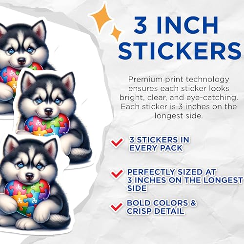 (3 Pack) Autism Awareness Husky Decals - Puzzle Heart Stickers - Laptop Decal - 3 Inches On Longest Side - Easy Peel & Apply - Made in USA - 3MCS8240