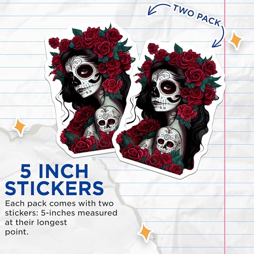 (2 Pack) Sugar Skull Stickers - Day of The Dead - 5" On Longest Side - Sticks to Smooth Flat Surfaces - Made in USA - BMCS9203 - BMCS9203