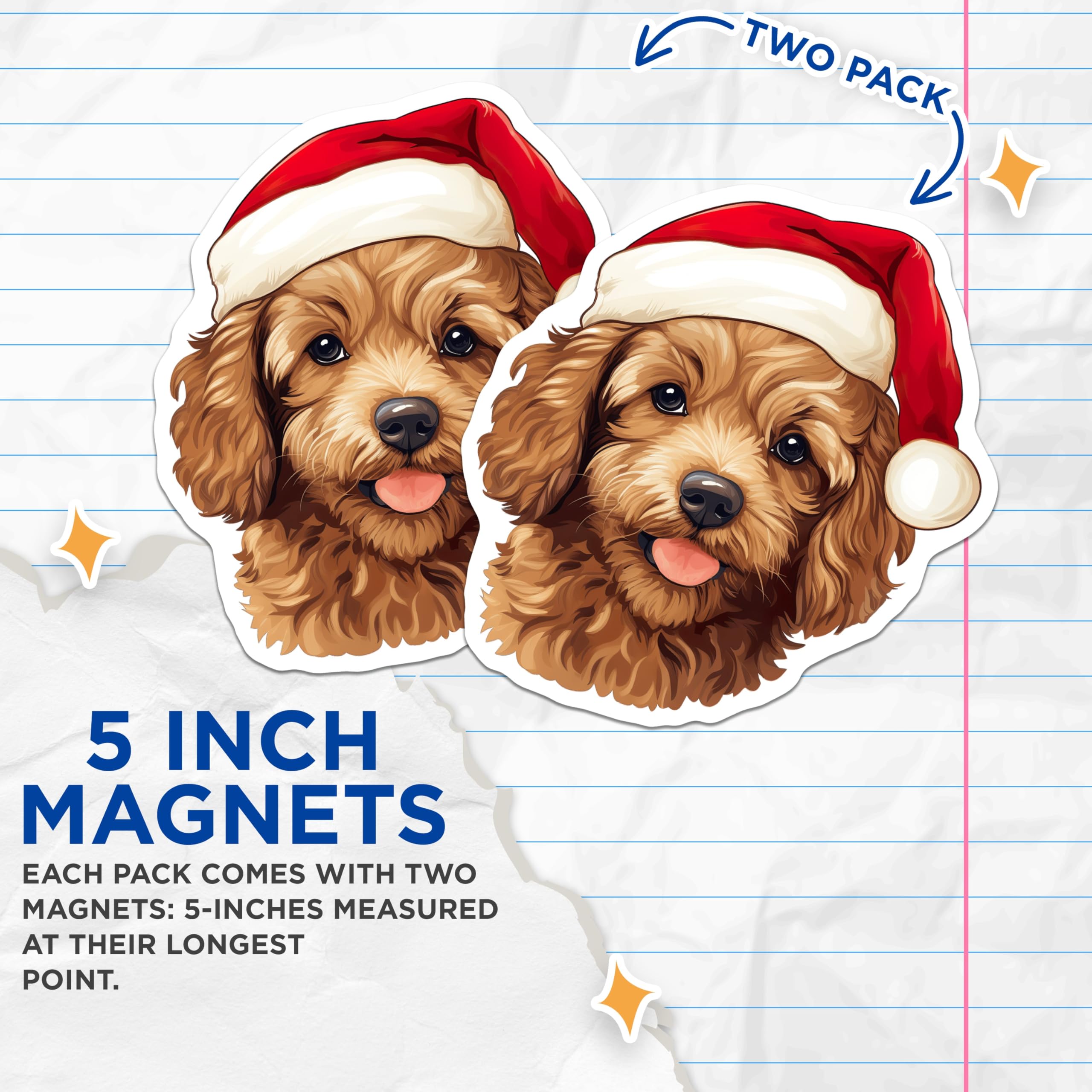 (2 Pack) Goldendoodle Christmas Magnets - Puppy Refrigerator Decor - Cute Holiday Dog Pet Lover - 5 Inches On Longest Side - Thick Durable Magnet - Made in USA - MAG26482