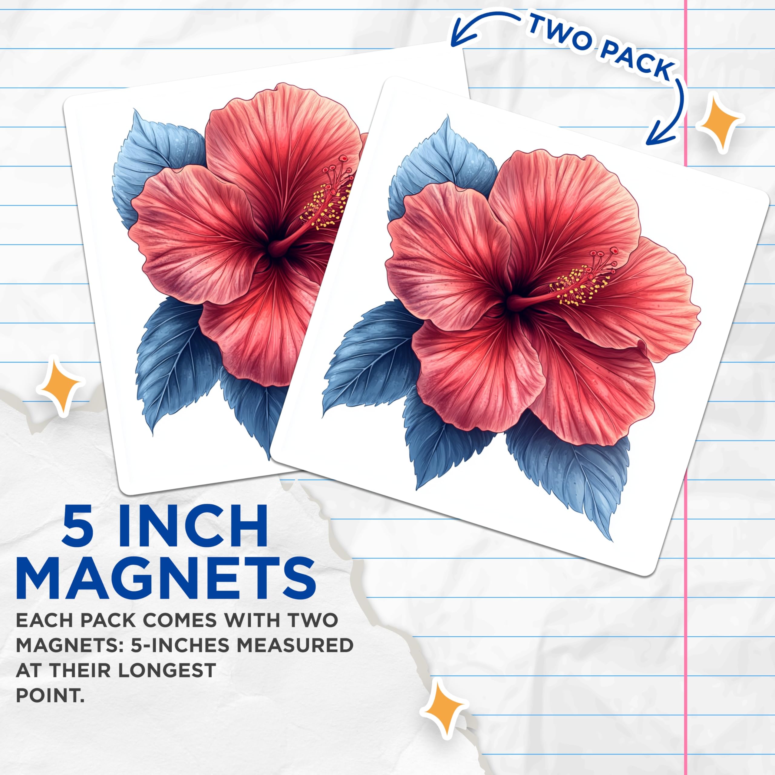 (2 Pack) Red Hibiscus Magnets - Tropical Flower Decor - Hawaiian Floral Kitchen Accessory - 5 Inches On Longest Side - Thick Durable Magnet - Made in USA - MAG26257