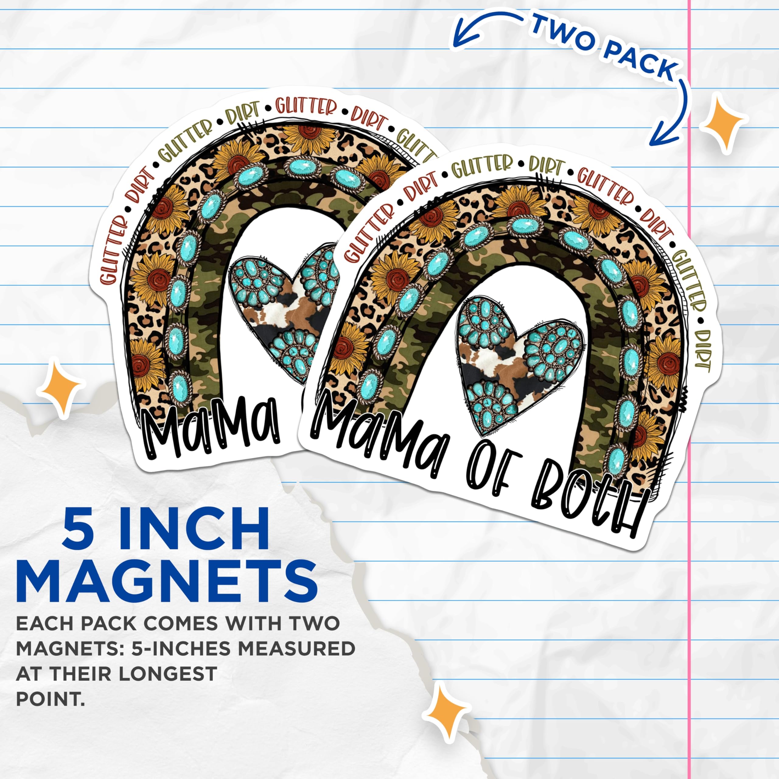 (2 Pack) Mama of Both Magnets - Glitter Dirt Mom Life - Western Camo Leopard Print - 5 Inches On Longest Side - Thick Durable Magnet - Made in USA - MAG26268