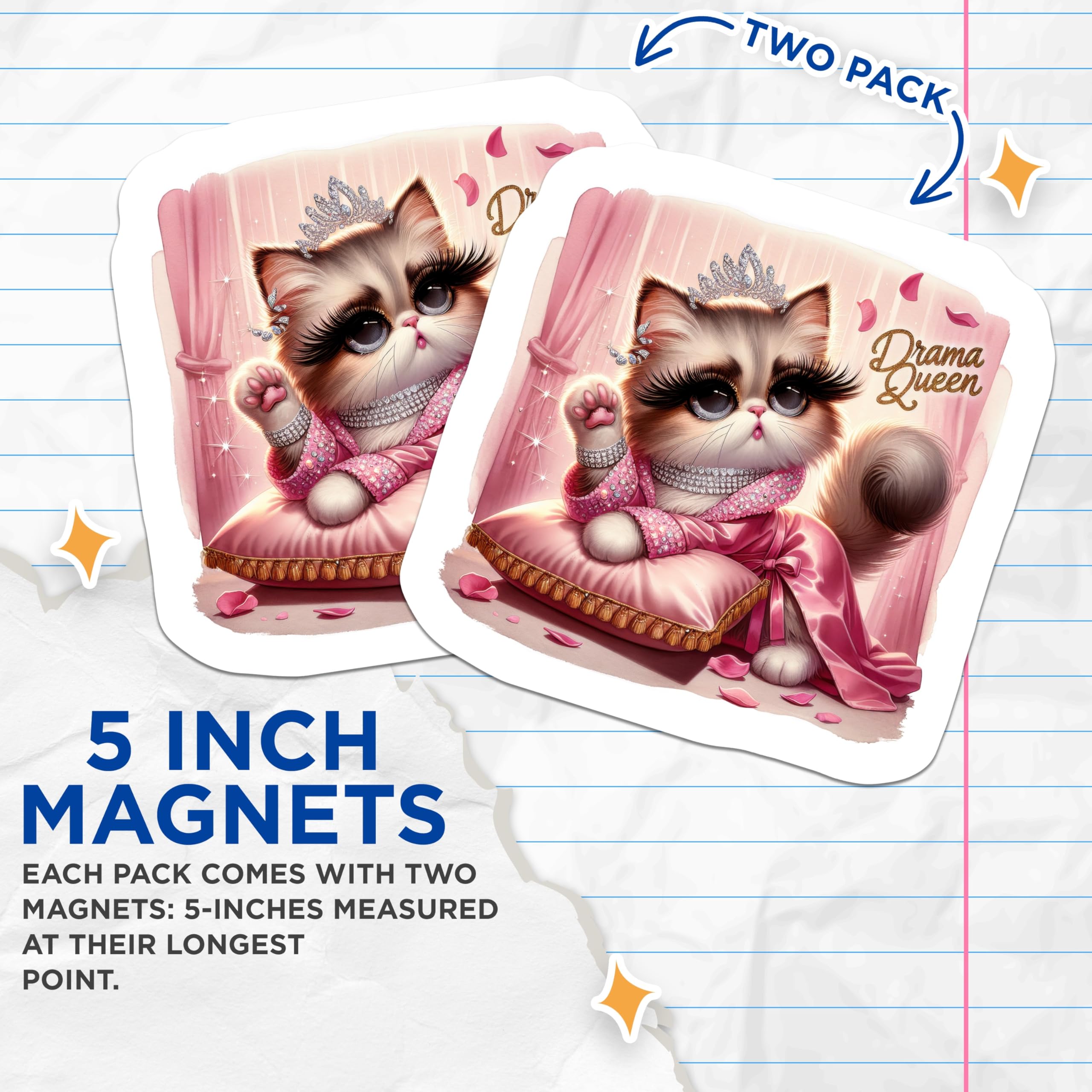 (2 Pack) Drama Queen Cat Magnets - Pampered Feline Decor - Glamorous Princess Kitty Accessory - 5 Inches On Longest Side - Thick Durable Magnet - Made in USA - MAG21843