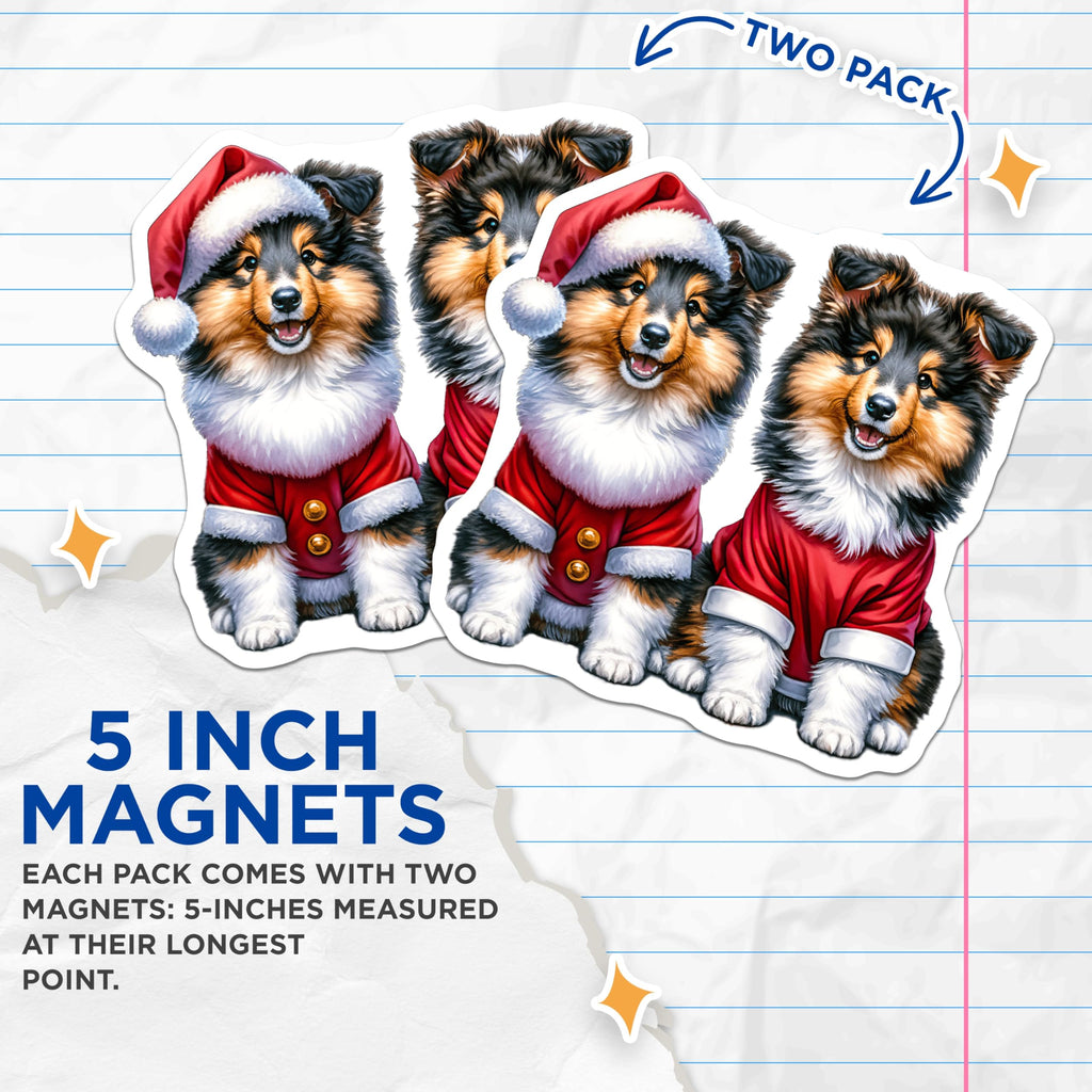 (2 Pack) Sheltie Christmas Magnets - Holiday Puppy Decor - Collie Dog Fridge Accessory - 5 Inches On Longest Side - Thick Durable Magnet - Made in USA - MAG26628