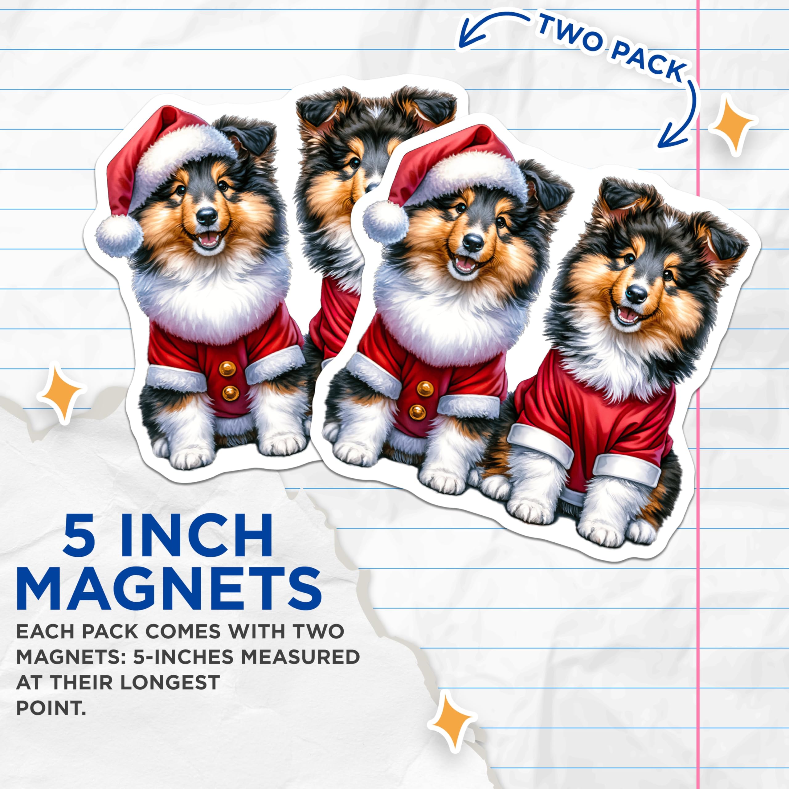 (2 Pack) Sheltie Christmas Magnets - Holiday Puppy Decor - Collie Dog Fridge Accessory - 5 Inches On Longest Side - Thick Durable Magnet - Made in USA - MAG26628