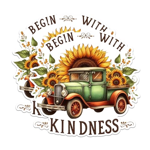 (2 Pack) Begin with Kindness Stickers - Sunflower Truck Stickers - Inspirational Quote Stickers - 5" On Longest Side - Sticks to Any Smooth Flat Surface - Made in USA - BMCS2904