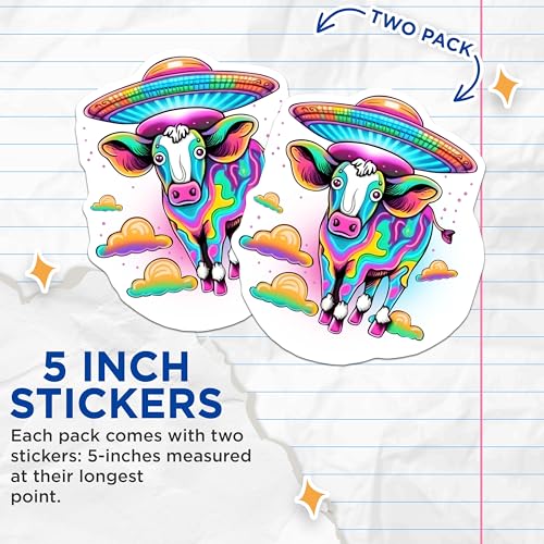 (2 Pack) Psychedelic Cow Alien Stickers - Colorful Space Cow - Kawaii Out of This World Vinyl - 5" On Longest Side - Sticks to Smooth Flat Surfaces - Made in USA - BMCS7766