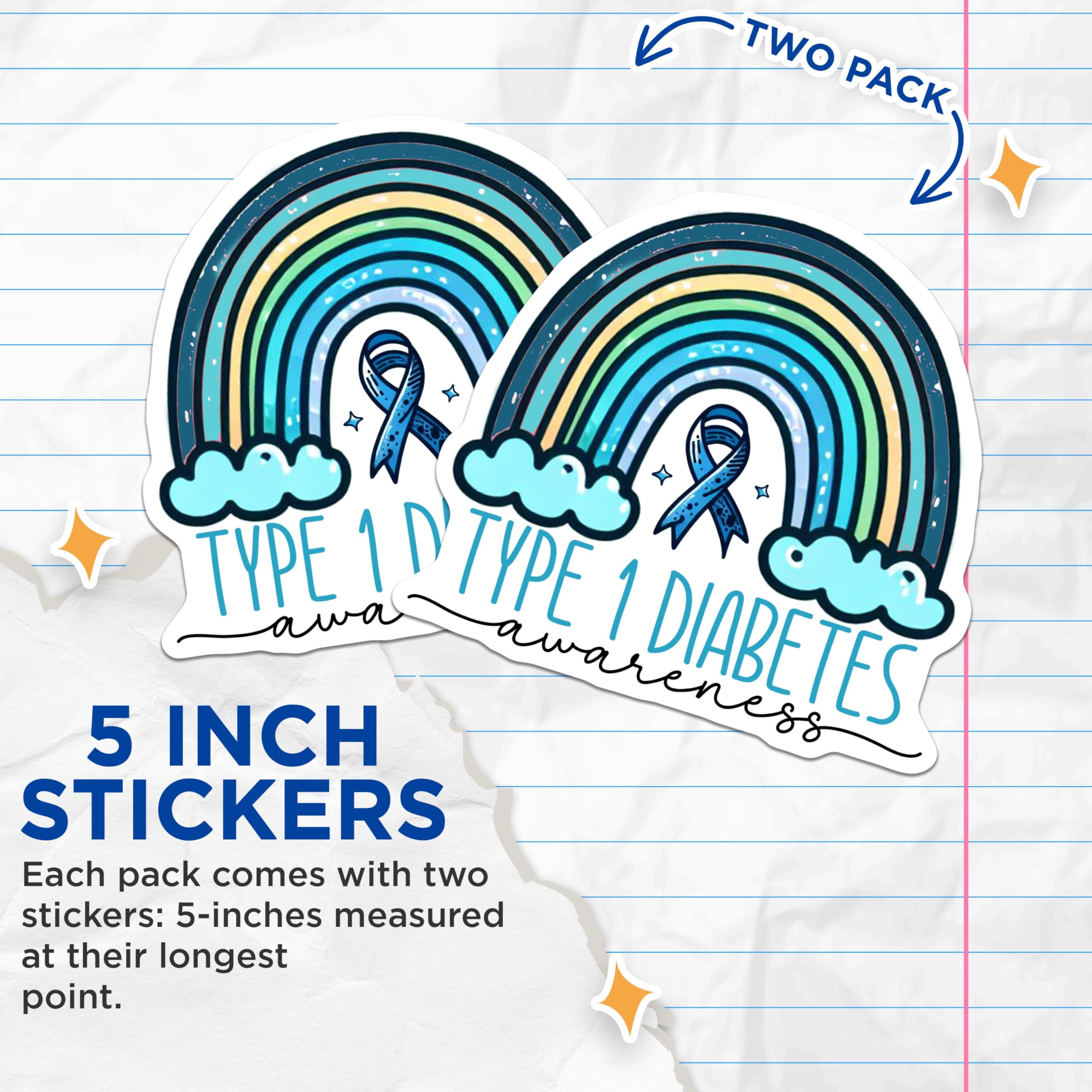 (2 Pack) Type 1 Diabetes Awareness Stickers - Blue Ribbon Stickers - Rainbow Stickers for Medical Awareness - 5" On Longest Side - Sticks to Smooth Flat Surfaces - Made in USA - BMCS3817