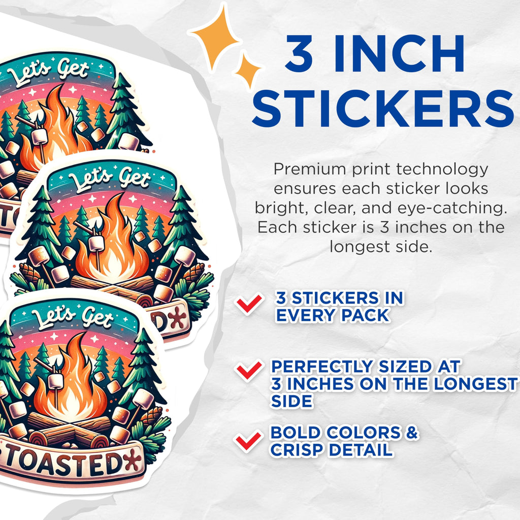 (3 Pack) Lets Get Toasted Decals - Bonfire Marshmallow - Camping Laptop- 3 Inches On Longest Side - Easy Peel & Apply - Made in USA - 3MCS5769