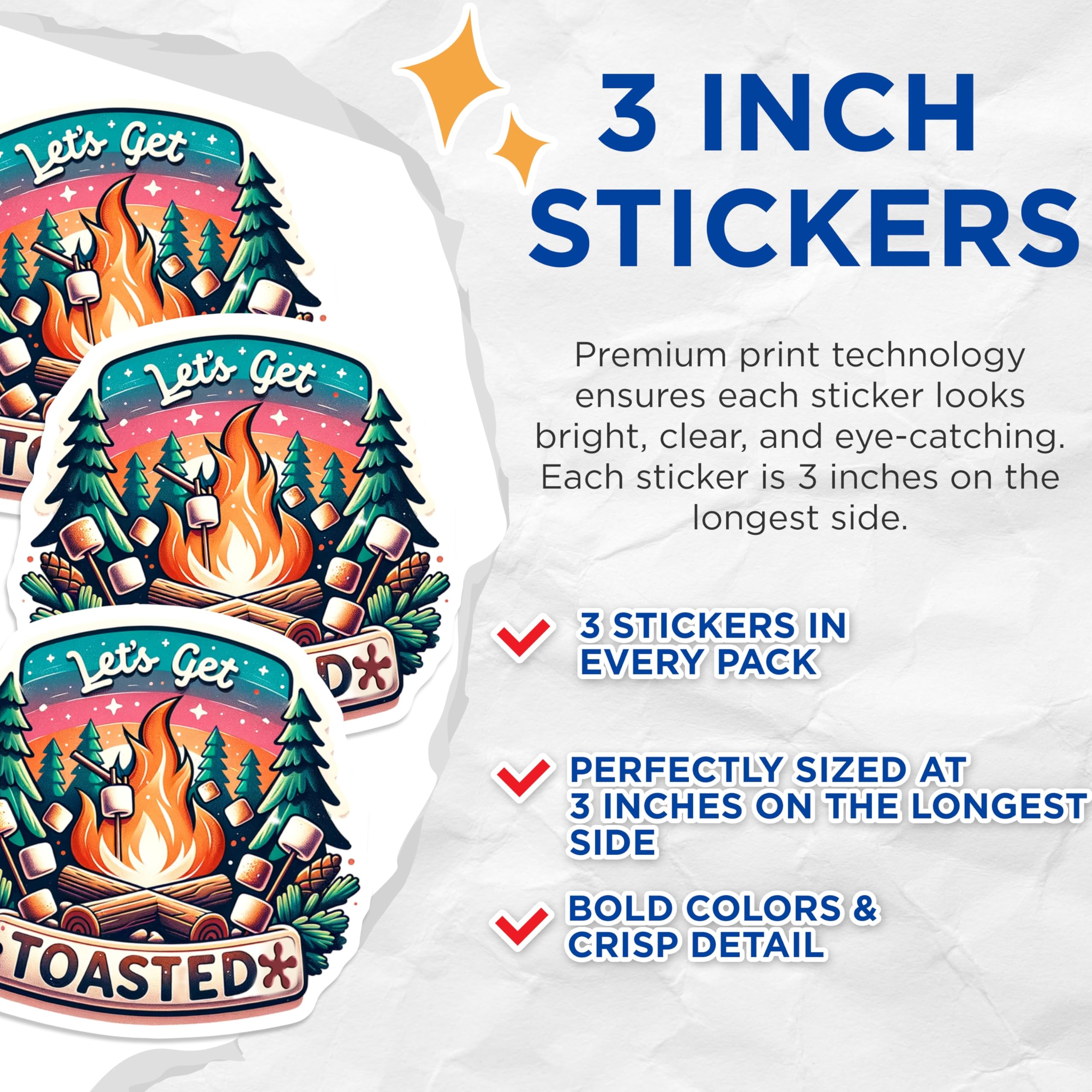 (3 Pack) Lets Get Toasted Decals - Bonfire Marshmallow - Camping Laptop- 3 Inches On Longest Side - Easy Peel & Apply - Made in USA - 3MCS5769