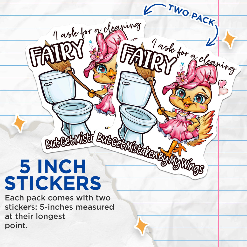 (2 Pack) Cleaning Fairy Stickers - Funny Cleaning Stickers - Humorous Housekeeping Stickers - 5" On Longest Side - Sticks to Smooth Flat Surfaces - Made in USA - BMCS4364