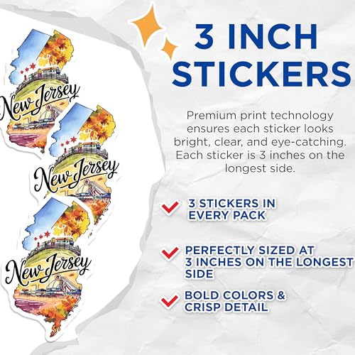 (3 Pack) New Jersey Decals - State Map Stickers - Laptop Decal- 3 Inches On Longest Side - Easy Peel & Apply - Made in USA - 3MCS5078