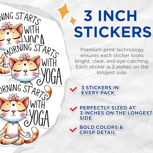 (3 Pack) Yoga Cat Decals - Meditation Kitty Stickers - Laptop Decal - 3 Inches On Longest Side - Easy Peel & Apply - Made in USA - 3MCS1291