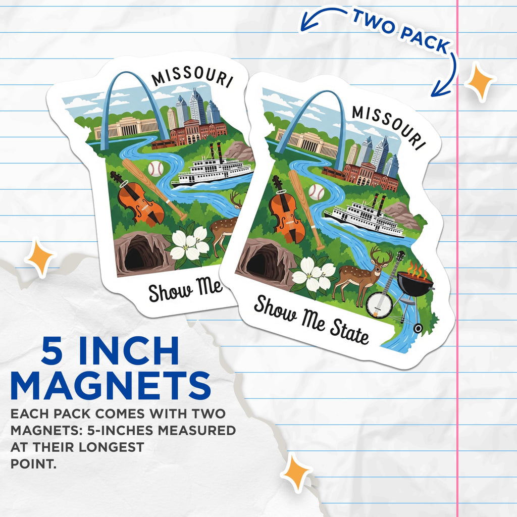 (2 Pack) Missouri Magnets - Show Me State - Missouri Landmarks - 5" On Longest Side - Premium Magnet - for Cars, Refrigerators, Toolboxes, Lockers - Made in USA - MAG14822