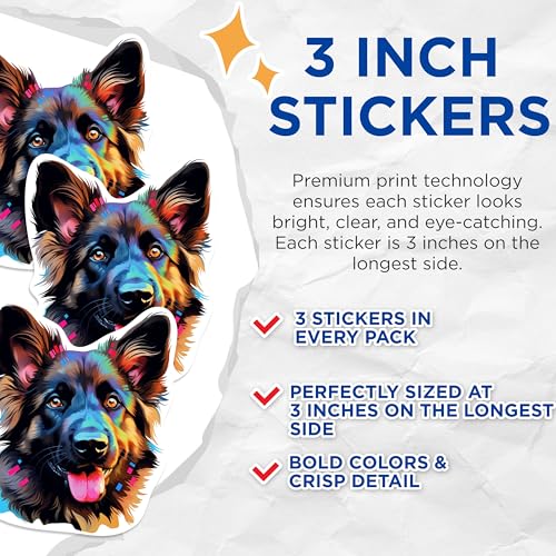 (3 Pack) German Shepherd Decals - Colorful Dog Stickers - Laptop Dog Breed Art - 3 Inches On Longest Side - Easy Peel & Apply - Made in USA - 3MCS0828