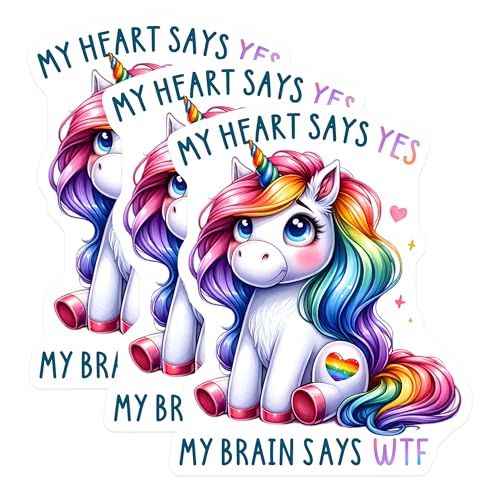 (3 Pack) Funny Unicorn Decals - Rainbow Unicorn Laptop Decal - My Heart Says Yes WTF Stickers - 3 Inches On Longest Side - Easy Peel & Apply - Made in USA - 3MCS2121