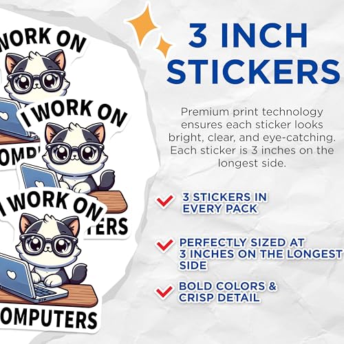 (3 Pack) Computer Cat Decals - Laptop Decal - Programmer Cat Decal - 3 Inches On Longest Side - Easy Peel & Apply - Made in USA - 3MCS6197