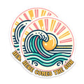 (2 Pack) Here Comes The Sun Stickers - Wave Sun Design - Retro Inspiration - 5" On Longest Side - Sticks to Smooth Flat Surfaces - Made in USA - BMCS6248