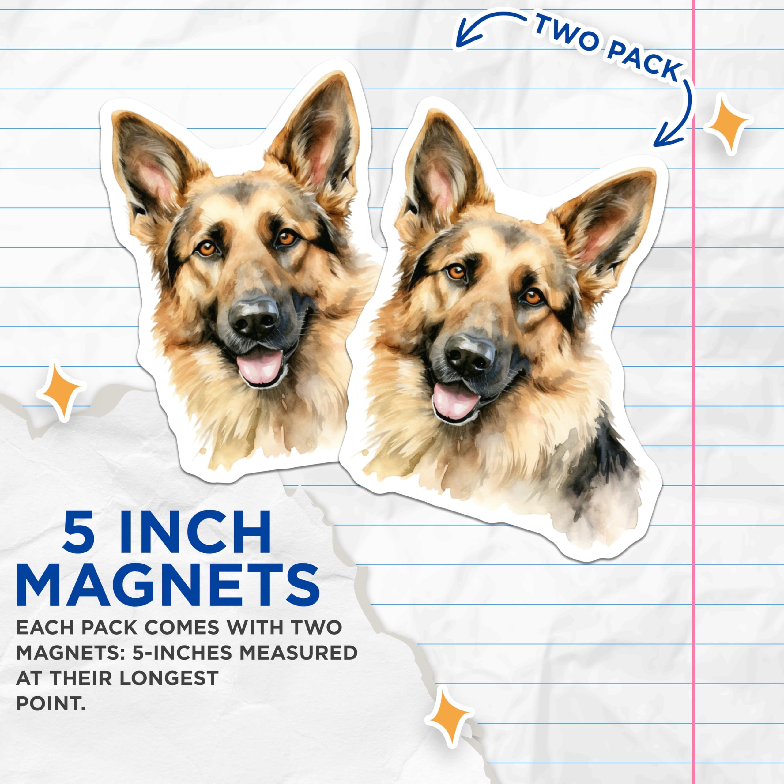 (2 Pack) German Shepherd Magnets - Watercolor Dog Art - Loyal Canine Decor - Dog Mom Dad Present - 5 Inches On Longest Side - Thick Durable Magnet - Made in USA - MAG28668