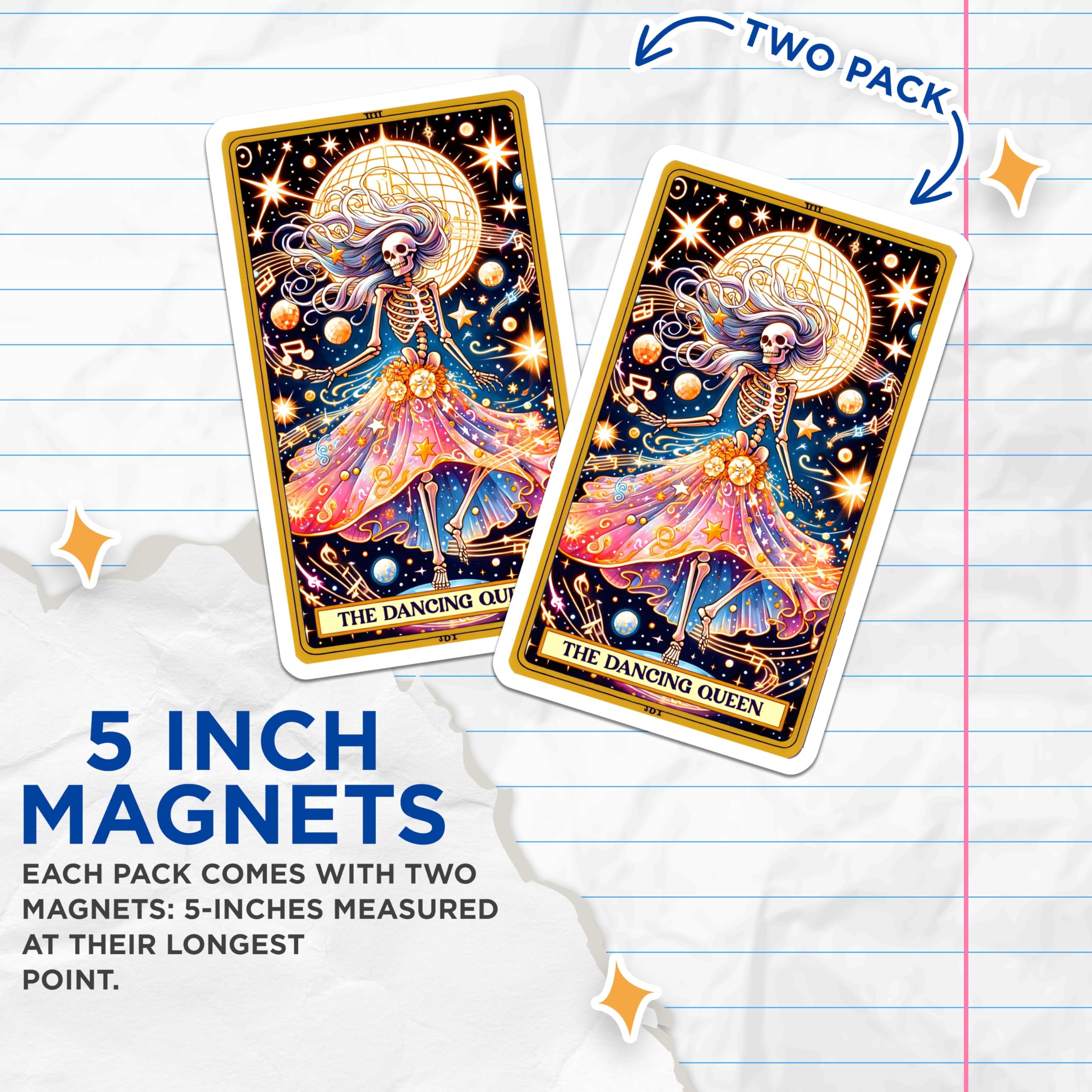 (2 Pack) Dancing Skeleton Disco Magnets - Tarot Card Dancing Queen - Quirky Music Lover Decor - 5 Inches On Longest Side - Thick Durable Magnet - Made in USA - MAG26332