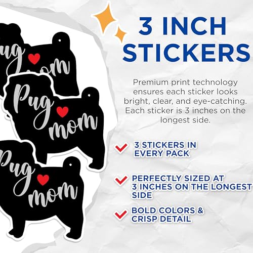 (3 Pack) Pug Mom Decals - Dog Lover - Laptop Decals - 3 Inches On Longest Side - Easy Peel & Apply - Made in USA - 3MCS1386