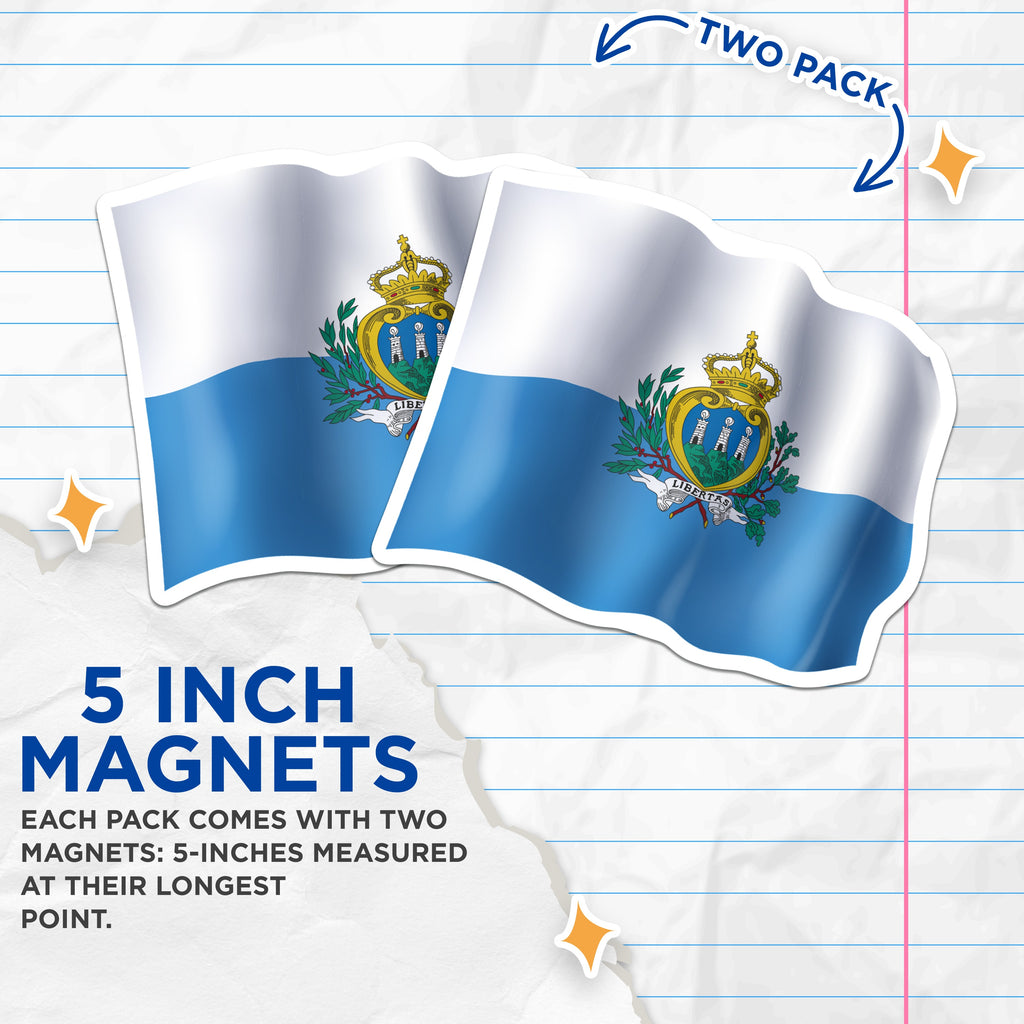 (2 Pack) San Marino Flag Magnets - Republic of San Marino Souvenir - European Country Flag - Travel Memorabilia - National Emblem Decor - 5" - Thick Durable Magnet - Made in USA - MAG39461
