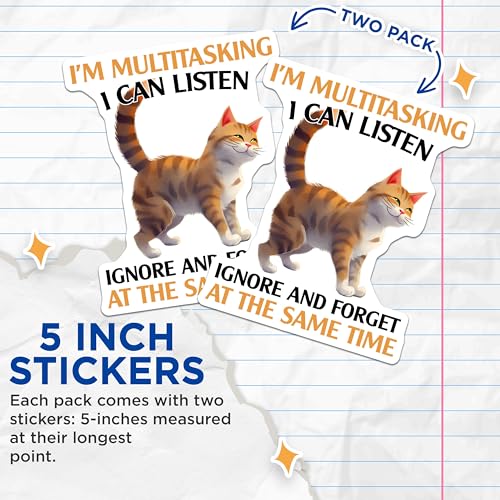 (2 Pack) Funny Cat Stickers - Multitasking Cat Decal - Humor Vinyl Decals - 5" On Longest Side - Sticks to Smooth Flat Surfaces - Made in USA - BMCS7726