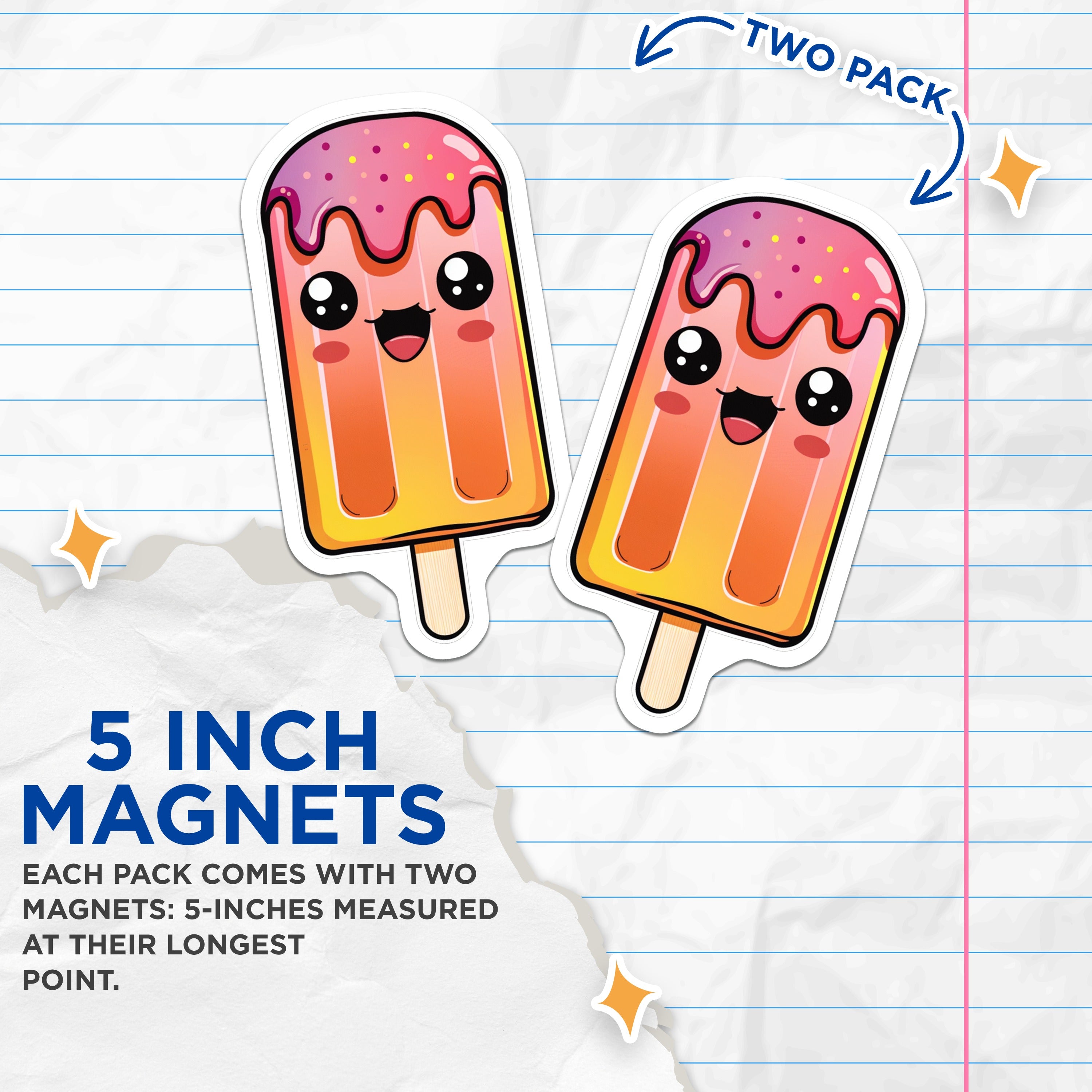 (2 Pack) Kawaii Popsicle Magnets - Cute Ice Pop Decor - Happy Summer Fridge Art - 5 Inches On Longest Side - Thick Durable Magnet - Made in USA - MAG36620