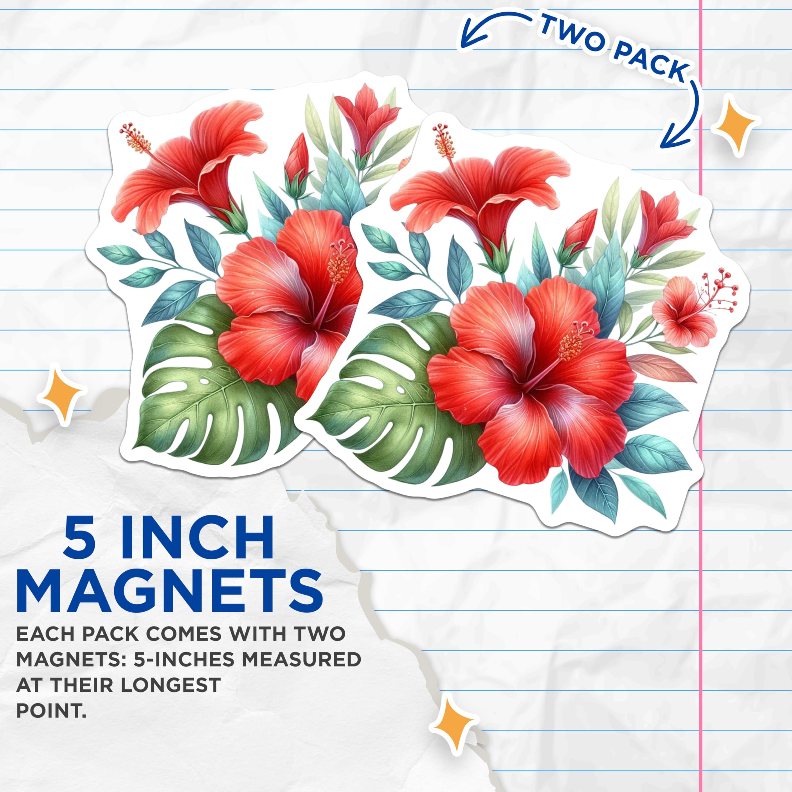 (2 Pack) Red Hibiscus Magnets - Tropical Flower Artwork - Monstera Leaf Botanical Decor - Aloha Blossom Fridge Magnets - 5 Inches On Longest Side - Thick Durable Magnet - Made in USA - MAG21468