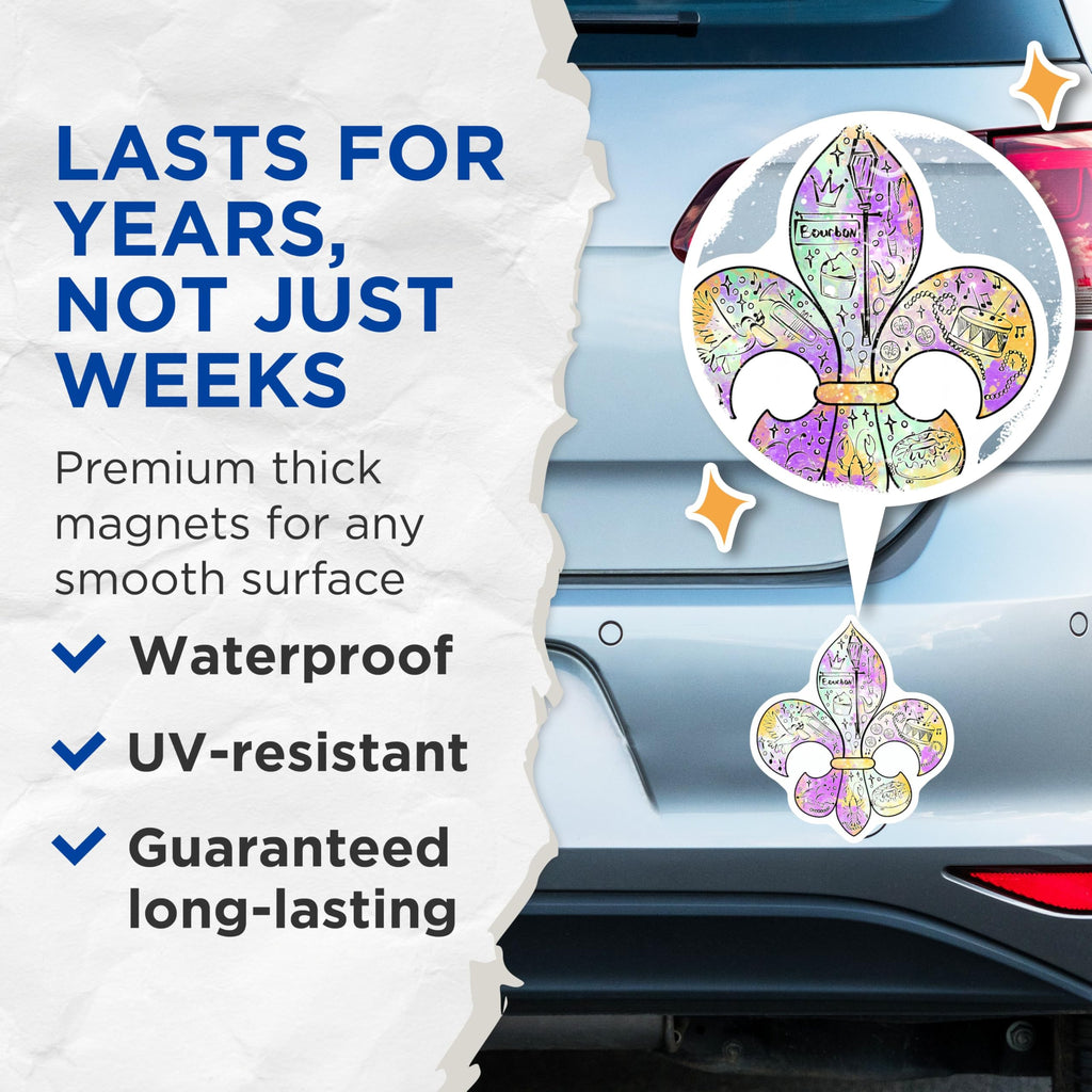 (2 Pack) New Orleans Inspired Magnets - Mardi Gras Fleur De Lis Design - Colorful Home Magnets - 5" On Longest Side - for Cars, Fridges, Toolboxes - Made in USA - MAG3995