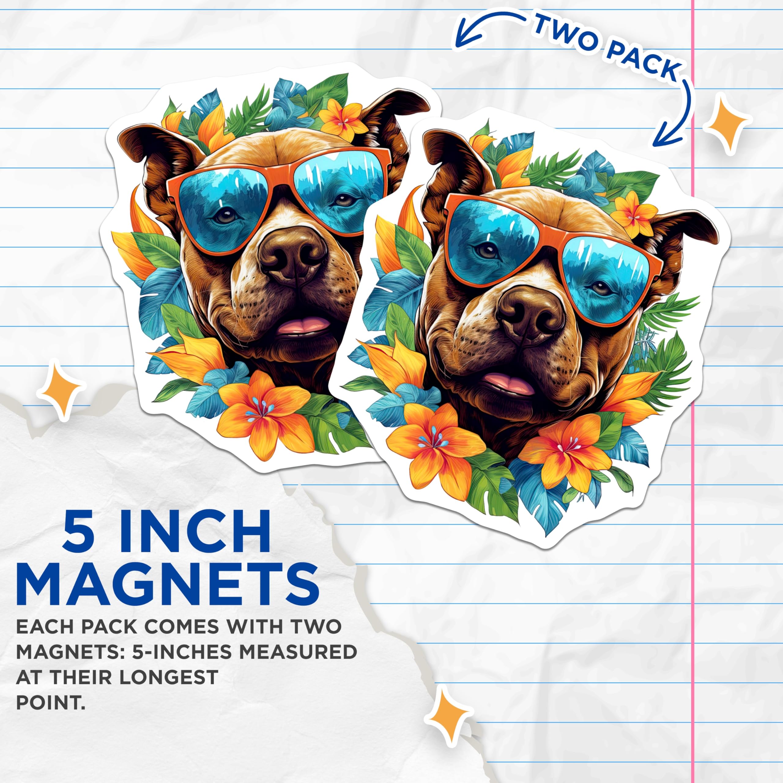 (2 Pack) Pitbull Magnets - Tropical Dog Art - Summer Sunglasses Pitbull - Hawaiian Vibe Pet Decor - Fridge Locker Accent - 5 Inches On Longest Side - Thick Durable Magnet - Made in USA - MAG23061