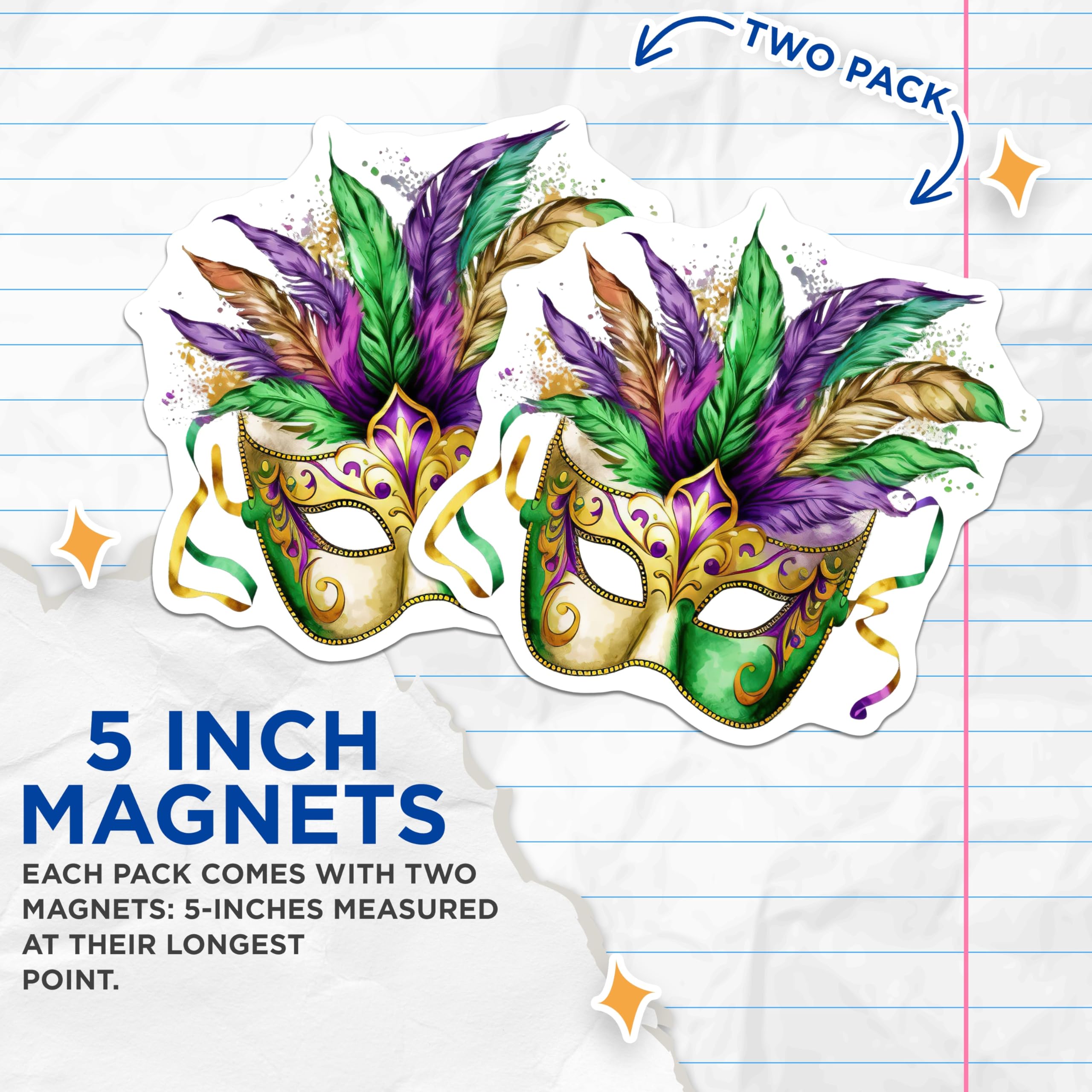 (2 Pack) Mardi Gras Magnets - Carnival Mask Decor - New Orleans Fridge Magnets - 5" On Longest Side - Premium Magnet - for Cars, Refrigerators, Toolboxes, Lockers - Made in USA - MAG16324