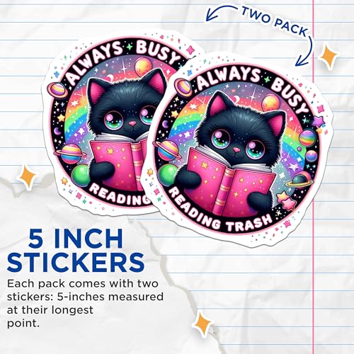 (2 Pack) Always Busy Stickers - Reading Trash Stickers - Cute Cat Stickers - 5" On Longest Side - Sticks to Smooth Flat Surfaces - Made in USA - BMCS4599