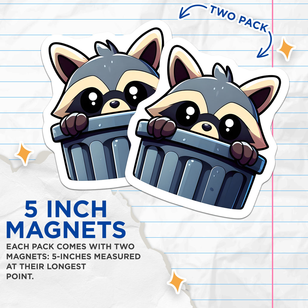 (2 Pack) Cute Raccoon Magnets - Funny Trash Panda Fridge Decor - Kawaii Animal Locker Accessory - Cartoon Refrigerator Art - 5 Inches On Longest Side - Thick Durable Magnet - Made in USA - MAG39941