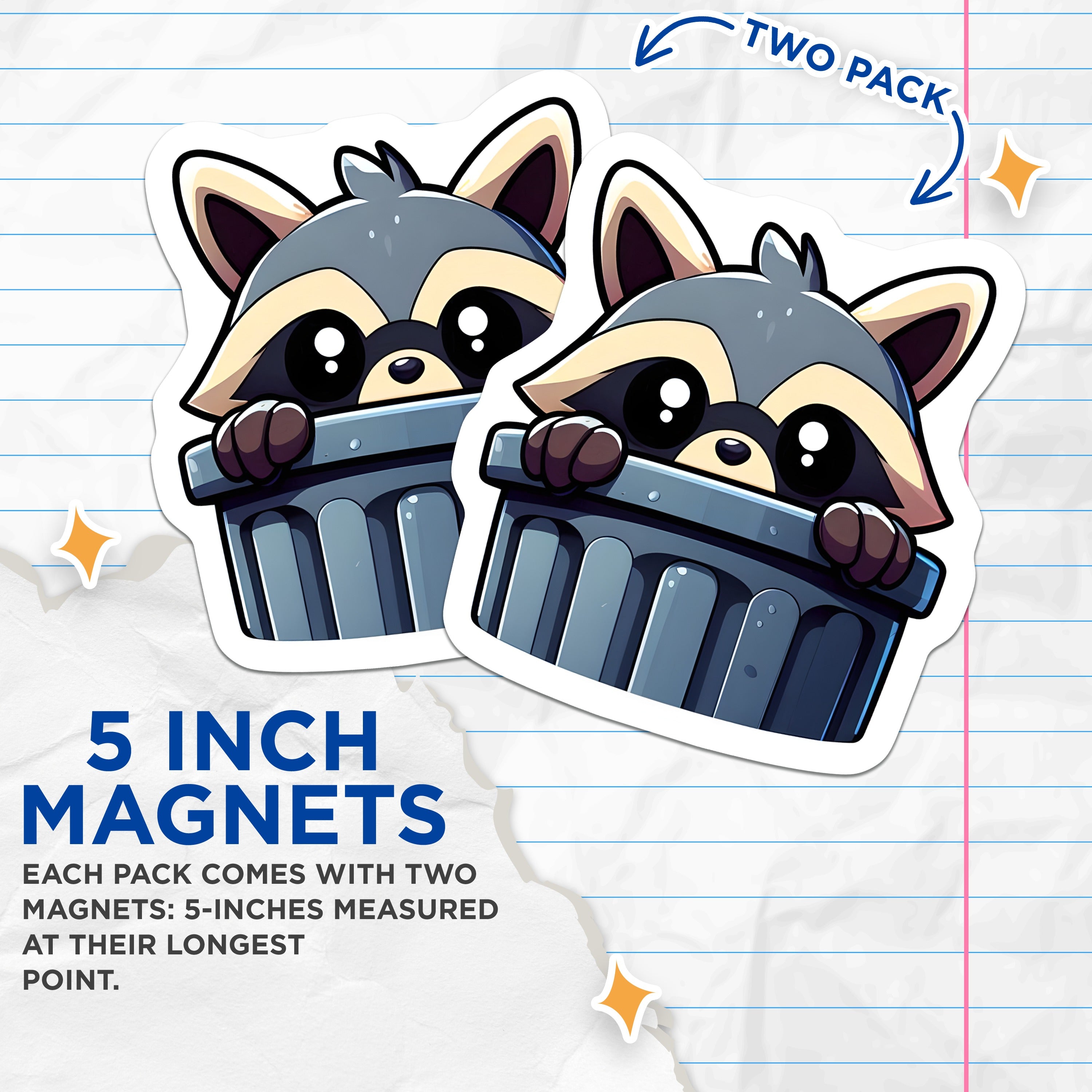 (2 Pack) Cute Raccoon Magnets - Funny Trash Panda Fridge Decor - Kawaii Animal Locker Accessory - Cartoon Refrigerator Art - 5 Inches On Longest Side - Thick Durable Magnet - Made in USA - MAG39941