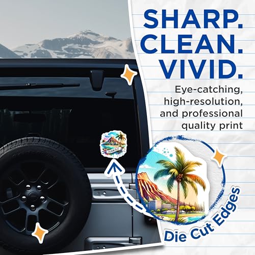 (2 Pack) Hawaii Stickers - Tropical Beach Vibes - Diamond Head Mountain - Hawaiian Vacation Souvenir - 5" On Longest Side - Sticks to Smooth Flat Surfaces - Made in USA - BMCS6907