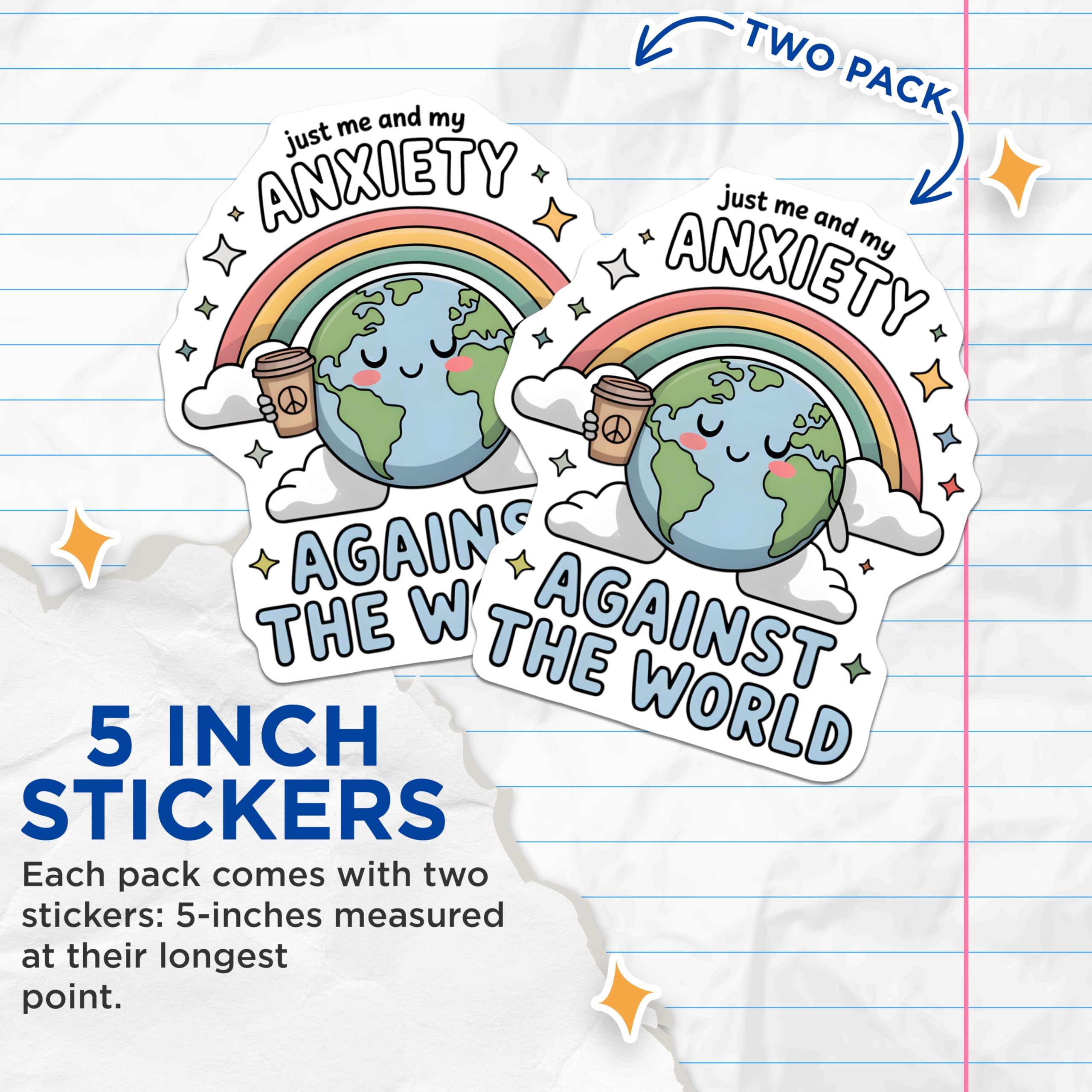(2 Pack) Anxiety Awareness Stickers - Mental Health Support - Against The World Decal - 5" On Longest Side - Sticks to Smooth Flat Surfaces - Made in USA - BMCS20411