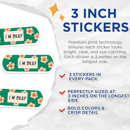 (3 Pack) I'm Okay Decals - Bandage Floral Design - Laptop Decal - 3 Inches On Longest Side - Easy Peel & Apply - Made in USA - 3MCS1189