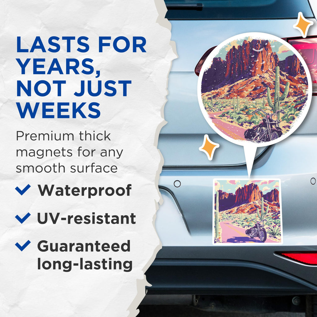 (2 Pack) Motorcycle Desert Magnets - Arizona Road Trip - Superstition Mountains Decor - 5" On Longest Side - Premium Magnet - for Cars, Refrigerators, Toolboxes, Lockers - Made in USA - MAG18299