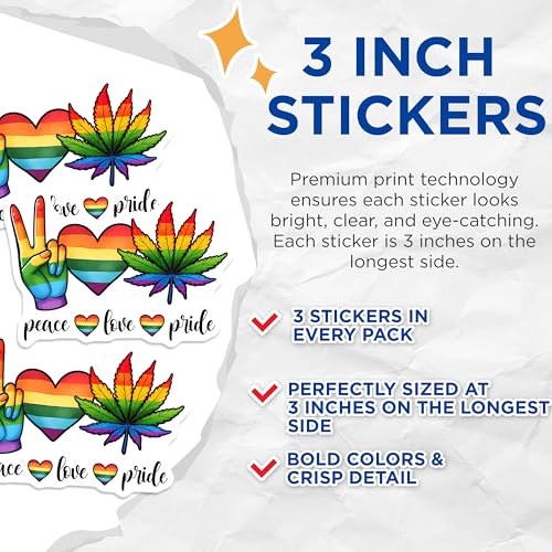 (3 Pack) Peace Love Pride Decals - Rainbow LGBT Decals - Equality Love Stickers - 3 Inches On Longest Side - Easy Peel & Apply - Made in USA - 3MCS7046