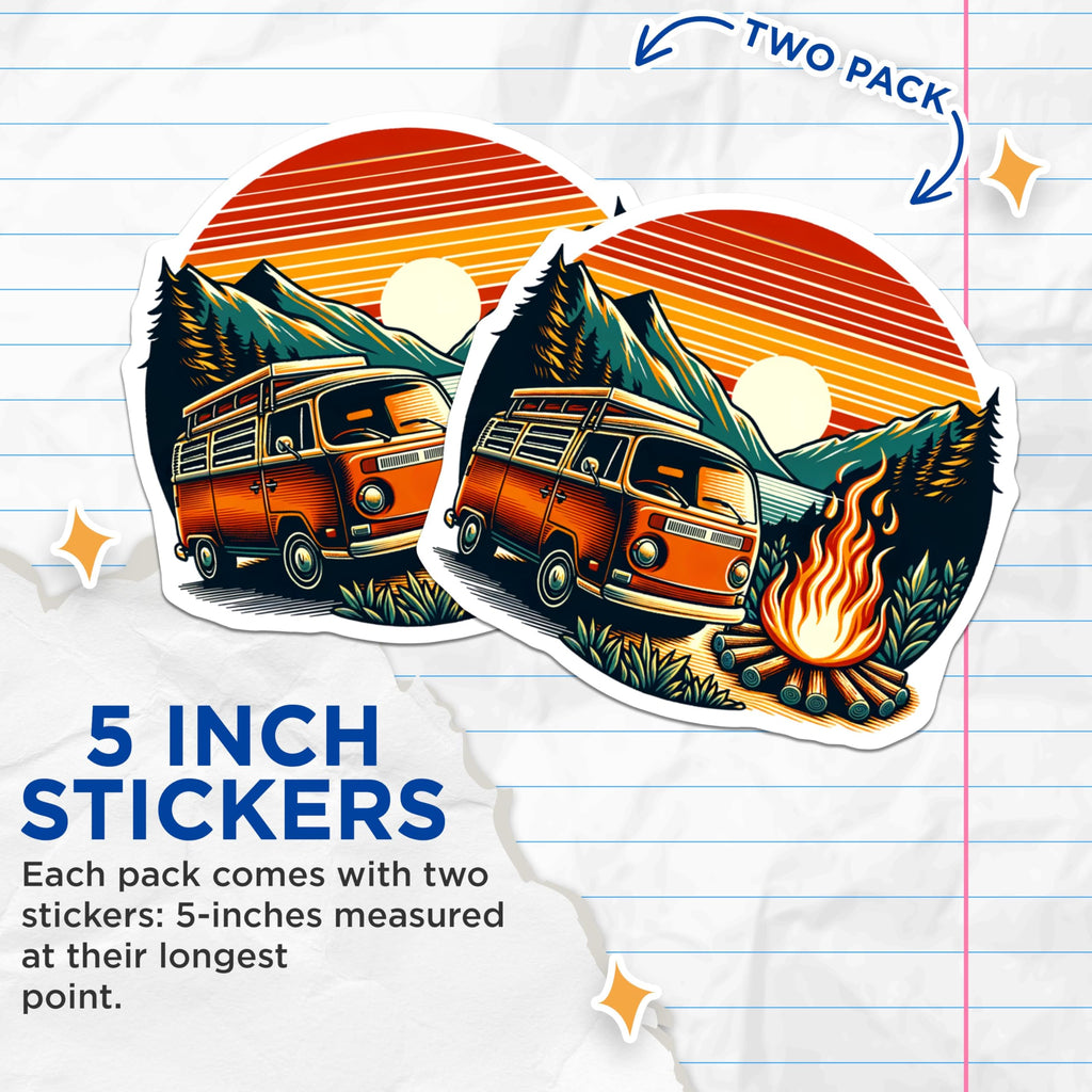 (2 Pack) Camper Van Stickers - Scenic Sunset Decal - Outdoor Adventure Sticker - 5" On Longest Side - Sticks to Smooth Flat Surfaces - Made in USA - BMCS6418