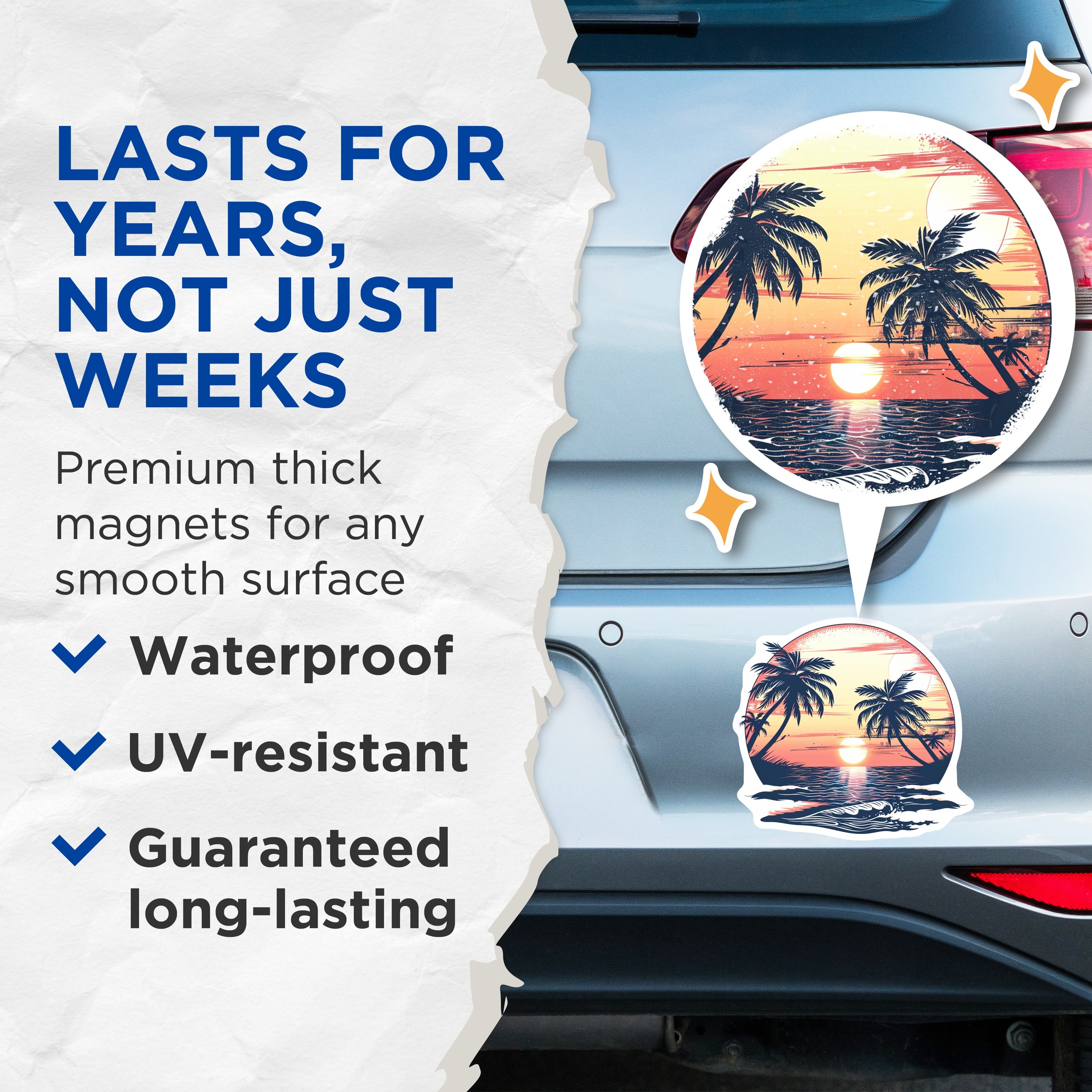 (2 Pack) Tropical Sunset Magnets - Palm Trees Beach Ocean Waves - Coastal Decor Summer Vibe - Refrigerator Locker Accent - 5 Inches On Longest Side - Thick Durable Magnet - Made in USA - MAG38389