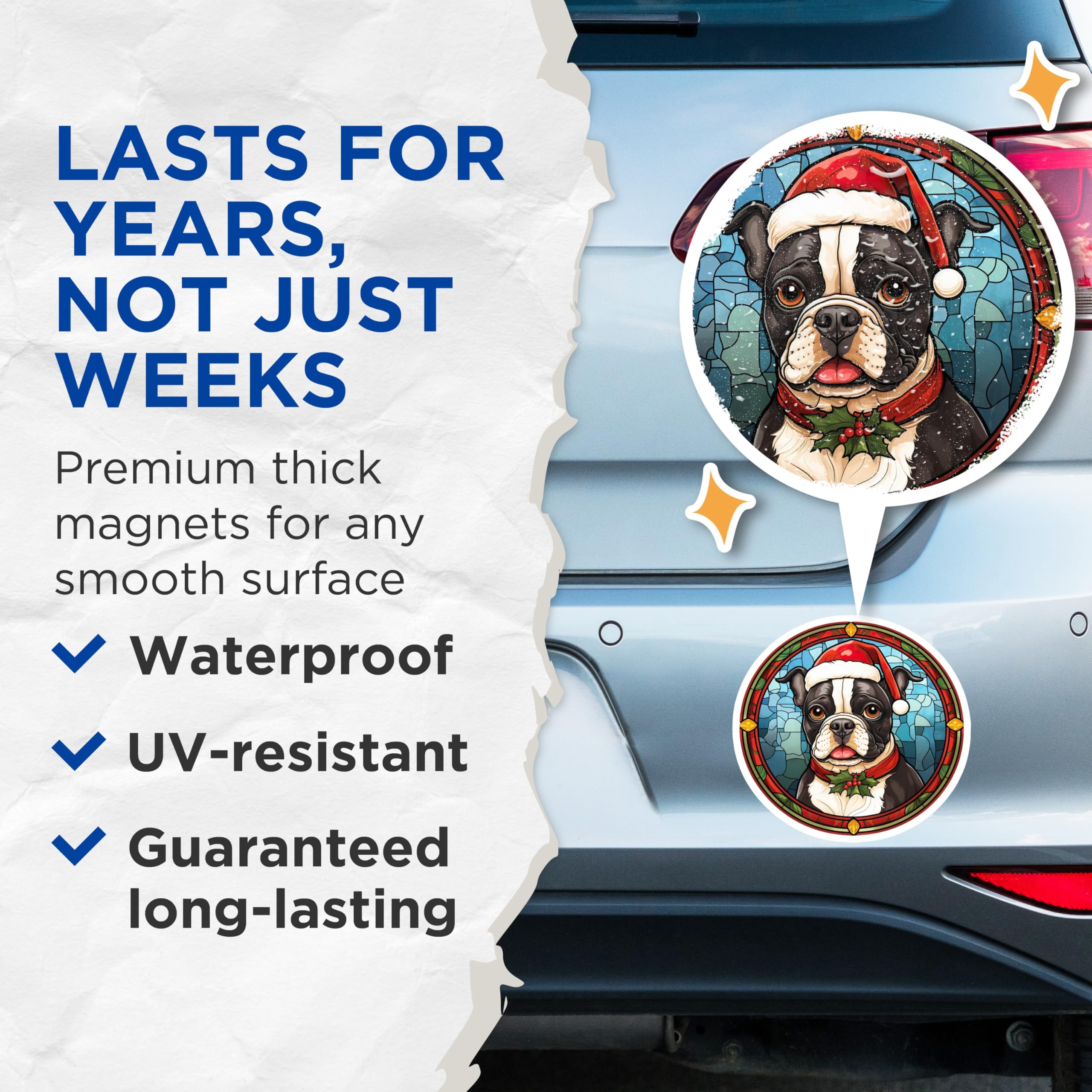 (2 Pack) Boston Terrier Christmas Magnets - Faux Stained Glass Dog Art - Holiday Refrigerator Decor for Pet Owners - 5 Inches On Longest Side - Thick Durable Magnet - Made in USA - MAG27861