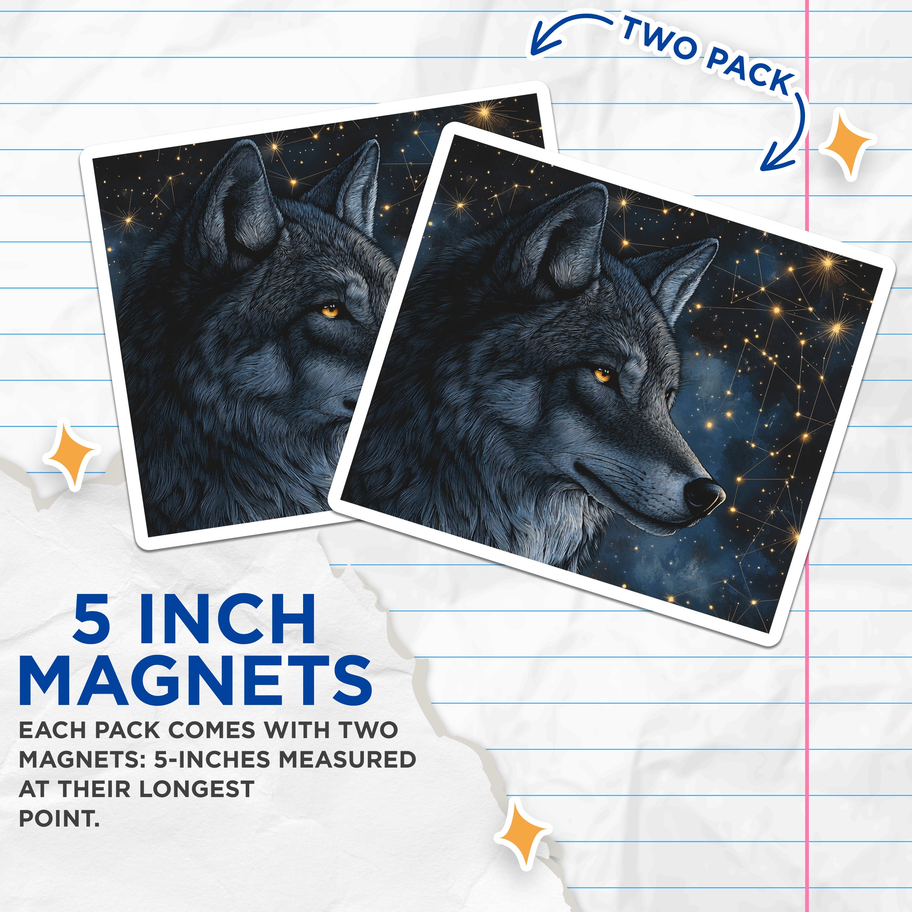 (2 Pack) Mystical Wolf Magnets - Starry Constellation Design - Wildlife Animal Decor - 5 Inches On Longest Side - Thick Durable Magnet - Made in USA - MAG37718
