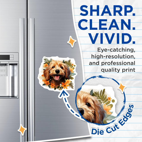 (2 Pack) Adorable Golden Doodle Puppy Magnets - Watercolor Floral Dog Art - Happy Pet Lover Fridge Locker Home Decor - 5 Inches On Longest Side - Thick Durable Magnet - Made in USA - MAG24407