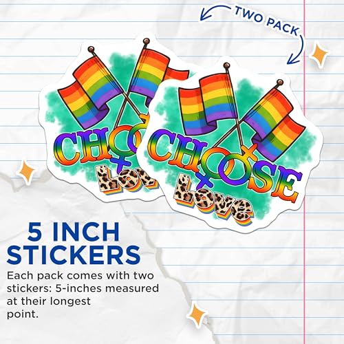 (2 Pack) LGBTQ Pride Stickers - Rainbow Flag - Choose Love - 5" On Longest Side - Sticks to Smooth Flat Surfaces - Made in USA - BMCS8289
