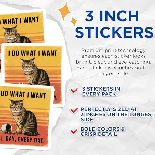 (3 Pack) Funny Cat Decals - Sarcastic Feline - I Do What I Want Decal - 3 Inches On Longest Side - Easy Peel & Apply - Made in USA - 3MCS4505