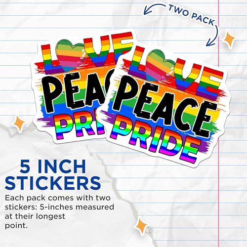 (2 Pack) Love Peace Pride Stickers - Rainbow LGBTQ - Equality Decals - 5" On Longest Side - Sticks to Smooth Flat Surfaces - Made in USA - BMCS9196
