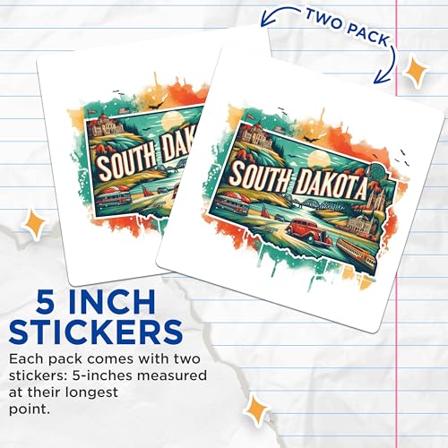 (2 Pack) South Dakota Travel Stickers - Vintage South Dakota Souvenir - Retro Landscape Adventure Stickers - 5" On Longest Side - Sticks to Smooth Flat Surfaces - Made in USA - BMCS5318